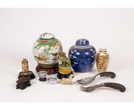 A jade horse on a wooden stand, two ginger jars, a Japanese satsuma vase etc.Small crack and some wear to wooden stand.Blue a