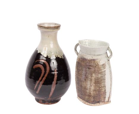 ARR Jim Malone (born 1946) a dark brown glazed flask with contrasting grey drip glaze to the neck, 28cm high and Karen D'Abo,