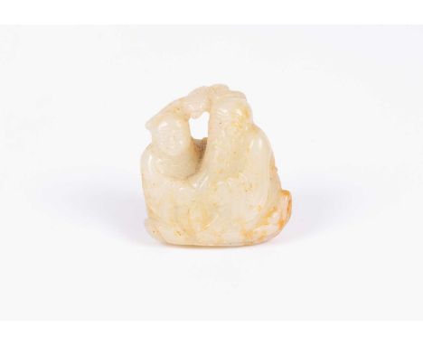 A Chinese jade carving of an old man and a boy, a bat above their heads, 20th Century, 4.25cm high