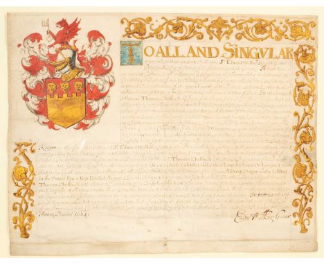 Grant of ArmsManuscript Grant of Arms for Thomas Chiffinch (1600-1666), signed by the herald Sir Edward Walker (1611-1667), d