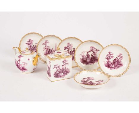 A Meissen part tea service, circa 1740-1765, painted in purple camaïeu with Watteau-style scenes of figures in gardens, Holzs