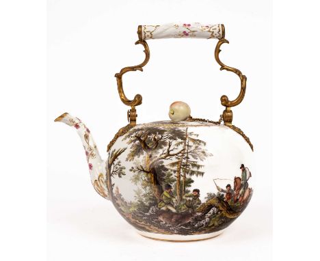 A Meissen globular kettle, second half 18th Century, the flat cover with peach finial, the spout and handle moulded as branch