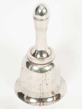 A silver plated cocktail shaker, Alfred Dunhill, model 5547, in the form of a hand bell, 27cm highSlight dent to edge of foot