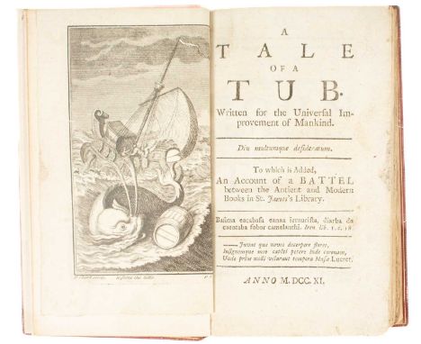 Sterne (Laurence) A Tale of a Tub, 1711, 16mo, later red leather binding with raised bands to spine, marbled endpapers and be