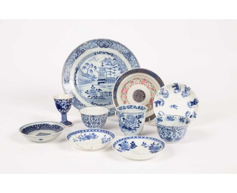 A group of Chinese blue and white export wares, Qing dynasty, including plates, saucers and tea bowlsDamage and signs of wear