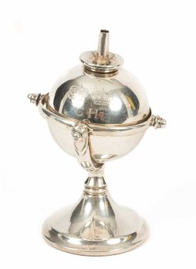 Hunting Interest: An Edwardian silver gimbal table lighter, Mitchell Bosley &amp; Co., Birmingham 1904, on spreading circular