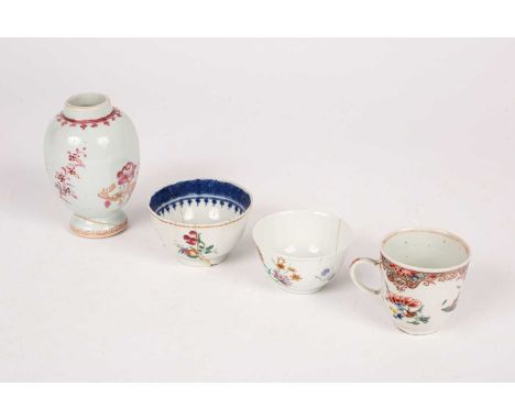 Four pieces of Chinese export porcelain, comprising a famille rose tea caddy, Qianlong, of ovoid shape (lacking cover), 11.5c