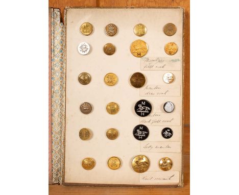 A sample book of Hunt buttons containing samples large and small of the same hunt for field, dress, black field, lady members