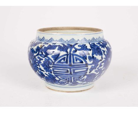 A Chinese blue and white potiche, Kangxi, with scrolling lotus and shou signs, 21cm diameter, 15cm highA few firing blemishes