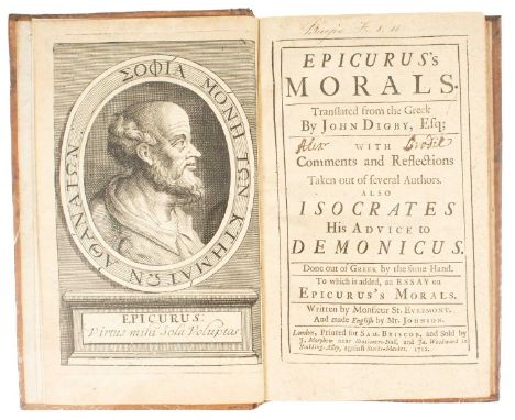 (Digby) John Epicurus's Morals, translated from the Greek, London: Sam Briscoe, 1712, 12mo, full calf gilt with raised bands 