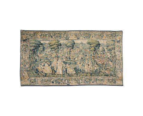 AUDENARDE, FIN DU XVIE SIÈCLE, TAPISSERIE, LAINE ET SOIE, "Concert galant devant une scène de chasse aux personnages vêtus à 