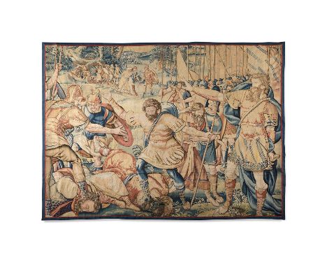 XVIE SIÈCLE, FRAGMENT DE TAPISSERIE, LAINE ET SOIE, "La victoire d'un général sur l'armée d'un roi", (Restauration, retissage