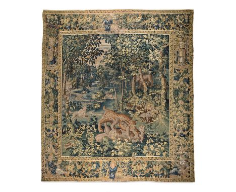 BRUXELLES, XVIE SIÈCLE, TAPISSERIE, LAINE ET SOIE, Panthère et loup, ours, cabri dans les frondaisons, de la série des Pugna 