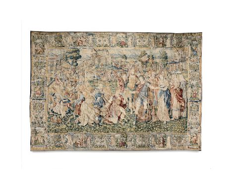 FLANDRES, BRUXELLES, XVIE SIÈCLE, TAPISSERIE, LAINE ET SOIE Alexandre reçoit le tribut des vaincus., avec sa bordure de vases