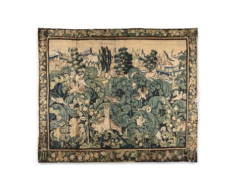 XVIE SIÈCLE, TAPISSERIE, LAINE ET SOIE, Verdure aux aristoloches et animaux fantastiques : lion, singe, biche, serpent, oisea