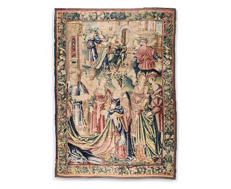 FLANDRES, BRUXELLES OU TOURNAI (?), DÉBUT XVIE SIÈCLE, TAPISSERIE, LAINE ET SOIE représentant une scène de cour avec des dame