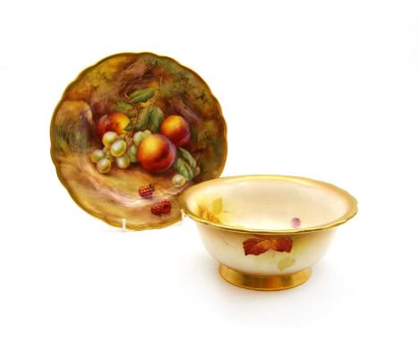 A Royal Worcester porcelain bowl by Kitty Blake, decorated with berries, diameter 18.5cm, height 8cm, together with a cabinet