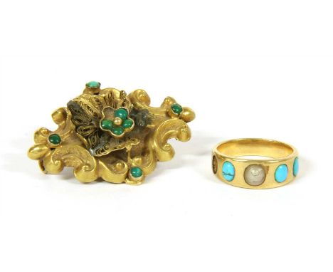 A Victorian split pearl and turquoise band ring, ( one stone deficient ), and a Victorian repousse brooch, set with turquoise