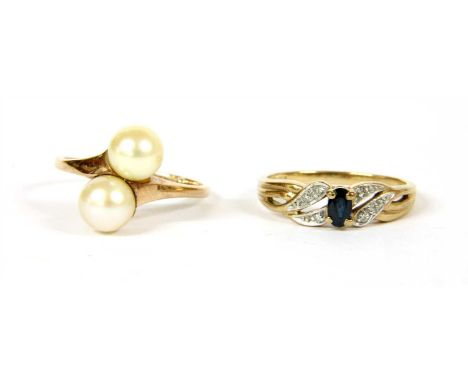 A 9ct gold sapphire ring, with diamond ribbon shoulders, and a gold two stone cultured pearl ring, tested as approximately 9c