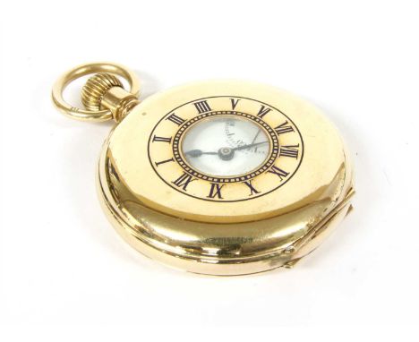 A rolled gold top wind precision half Hunter pocket watch, with a white enamel dial signed Thom Russells, Liverpool, with Rom
