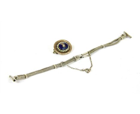 A white gold two row mesh cord style cocktail watch bracelet, marked 9ct, 5.68g, and a Georgian enamel and seed pearl brooch,