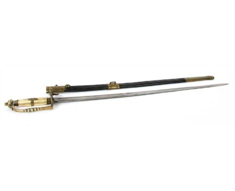 A reproduction Richard Teed naval sword, having bone handle and bobbin turned brass guard and scabbard, 79cm long