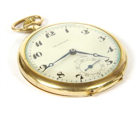 A 9ct gold open faced pocket watch, with engine turned silvered dial, signed Grosvenor, import hallmark Glasgow 1931, 46mm di