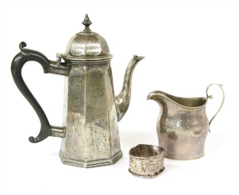 A silver coffee pot, silver milk jug, silver napkin ring ( damaged)