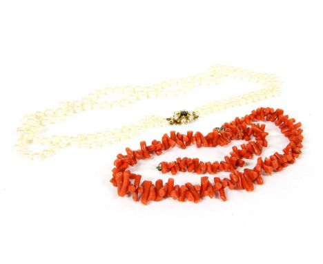 A two row graduated cultured pearl necklace, and a single row freeform coral twig necklace