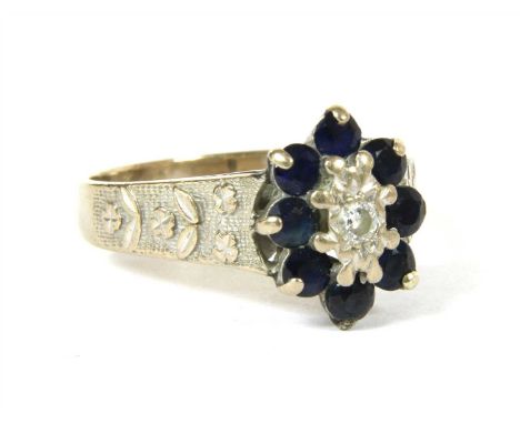 An 18ct white gold diamond and sapphire oval cluster ring, with an illusion set brilliant cut diamond to the centre, 4.88g, s