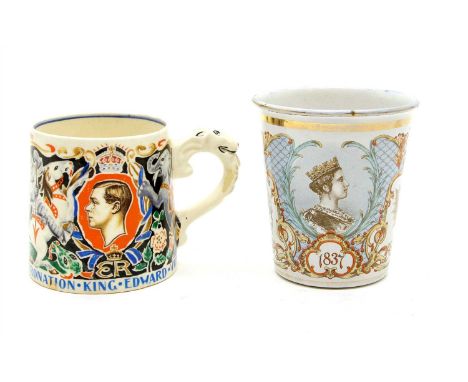 A Victorian enamel Diamond Jubilee 1897 beaker, and a Laura Knight Coronation cup, Edward VIII 1937 (2)