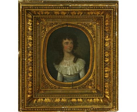 English School, 18th/19th century PORTRAIT OF A GIRL, HALF LENGTH, IN A WHITE DRESS WITH BLUE SASH Oil on panel, oval 17 x 13