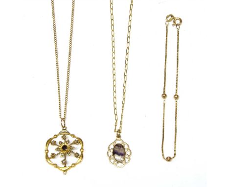 A 9ct gold Blue John pendant, on a 9ct gold filed curb chain, a 9ct gold box and bead bracelet, and a gold amethyst and split