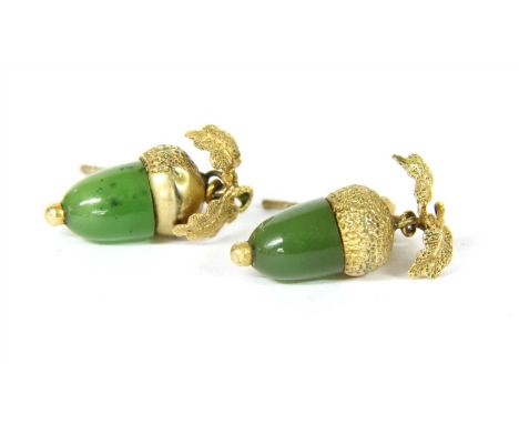 A pair of Victorian gold acorn drop earrings, with carved jade acorns, tested as approximately 9ct gold, 2.41g