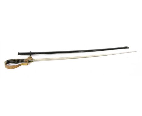 A Nazi Army Officer's sword, unmarked, with a worn brass, with a curved blade, in a metal scabbard, 94cm long overall