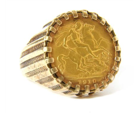 A half sovereign gold ring coin dated 1910, and marked 9ct, 9.69g, size P½