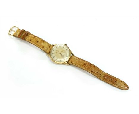 A Longines gentleman's Automatic strap watch, with a gold plated and stainless steel case, the dial with Arabic numbers to th
