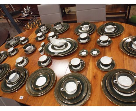 Coalport green & gilt bordered chateau patterned dinner and tea service for 12 people