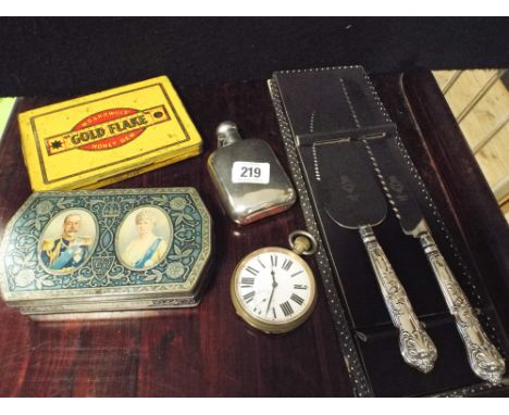 Pocket watch, hip flask, cigarette tins, cake servers etc. 