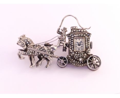Bucherer vintage ladies novelty fob style watch, modelled as a marcasite carriage with driver and being pulled by pair of hor