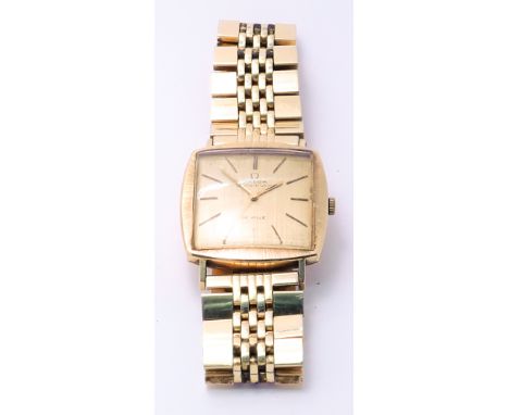 Gents Omega De Ville vintage wristwatch, 9ct gold square case, on gold plated strap. with box & papers