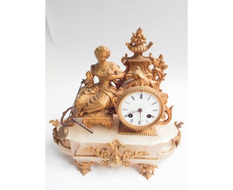 French white onyx and gilt figure mounted striking mantel clock with gilt wooden base 