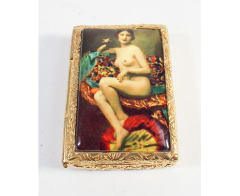 Gold plated pill or snuff box, the lid decorated with applied enamel depicting a seated nude 
