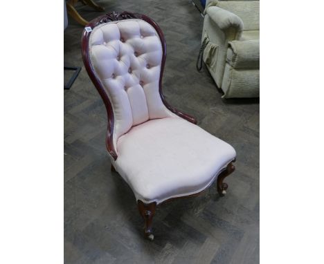 Victorian style balloon back nursing chair with pink button silk upholstery