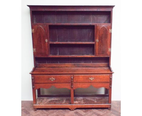 4'9 antique oak dresser with shelf and cabinet back, 2 drawers under with pan shelf 