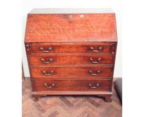 3' 3" Georgian mahogany bureau with fitted interior 4 long drawers under standing on bracket feet