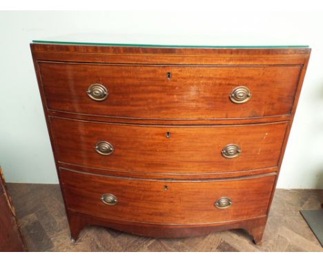 3' Georgian mahogany bow front chest of 3 long drawers standing on splayed bracket feet