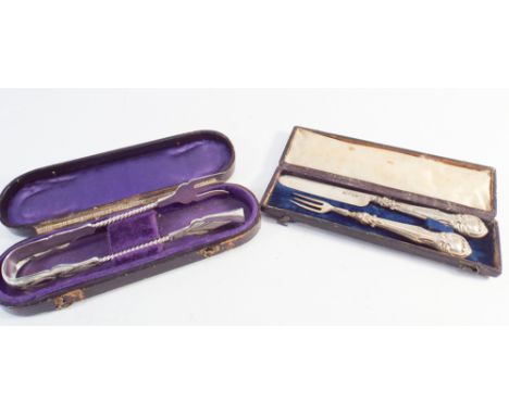 Boxed pair of sardine tongs marked 925 Sterling together with early Victorian boxed half sized knife and fork  Condition - on