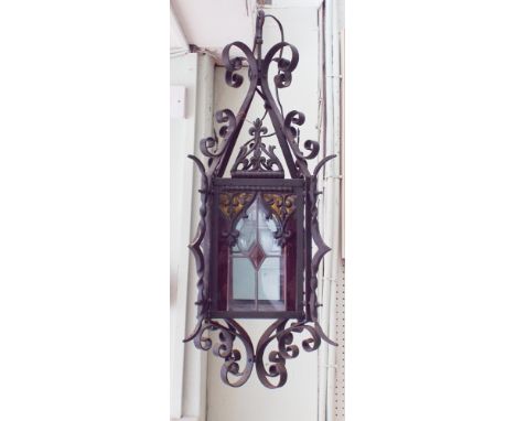 Decorative black iron and coloured glass Gothic style hall lantern