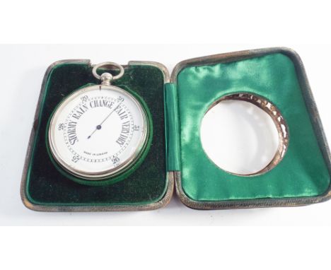 Edwardian pocket barometer in green leather and pierced silver desktop easel stand, London hallmarks 1896